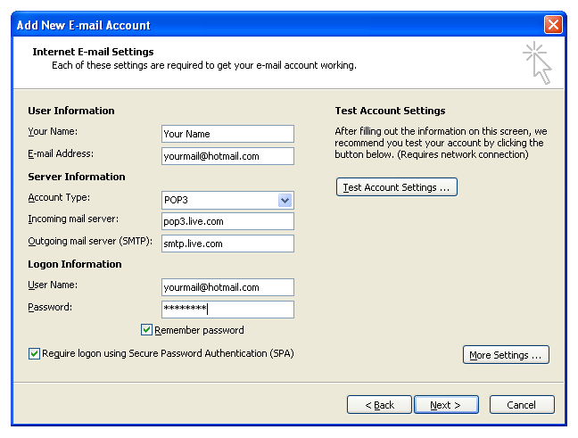 live outlook mail server settings